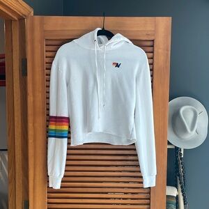 Aviator Nation White and Red Cropped Hoodie with Colorful Sleeve